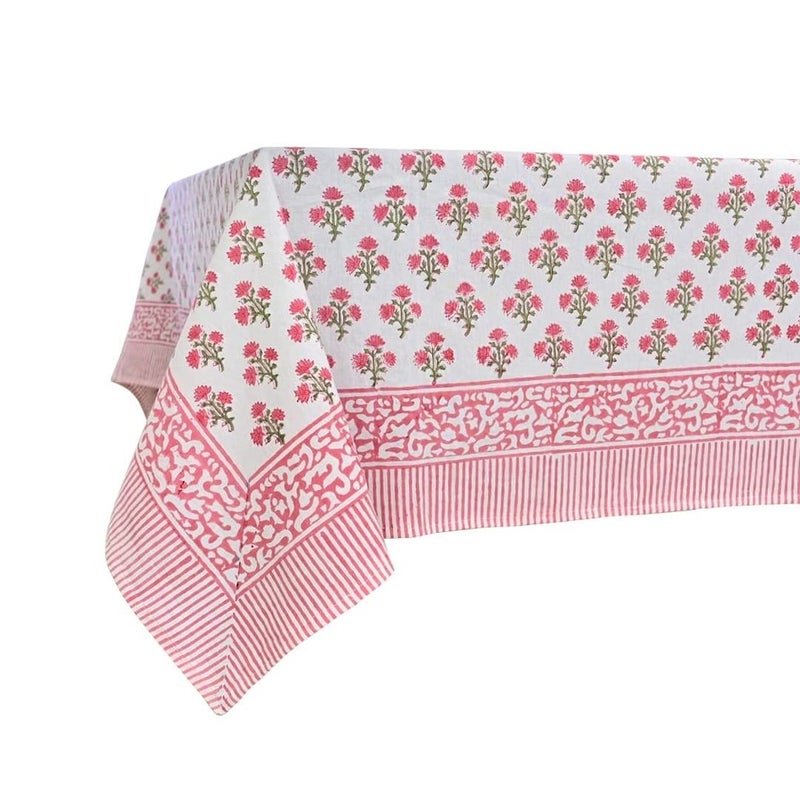 ATOSII Gulbahar White Pink 100% Cotton Spring Summer Square Tablecloth, Handblock Print Floral Table Cloth for Kitchen Dining Linen I Weddings, Outdoors, Easter 60 X 60 Inches I 4 Seater - Image 1